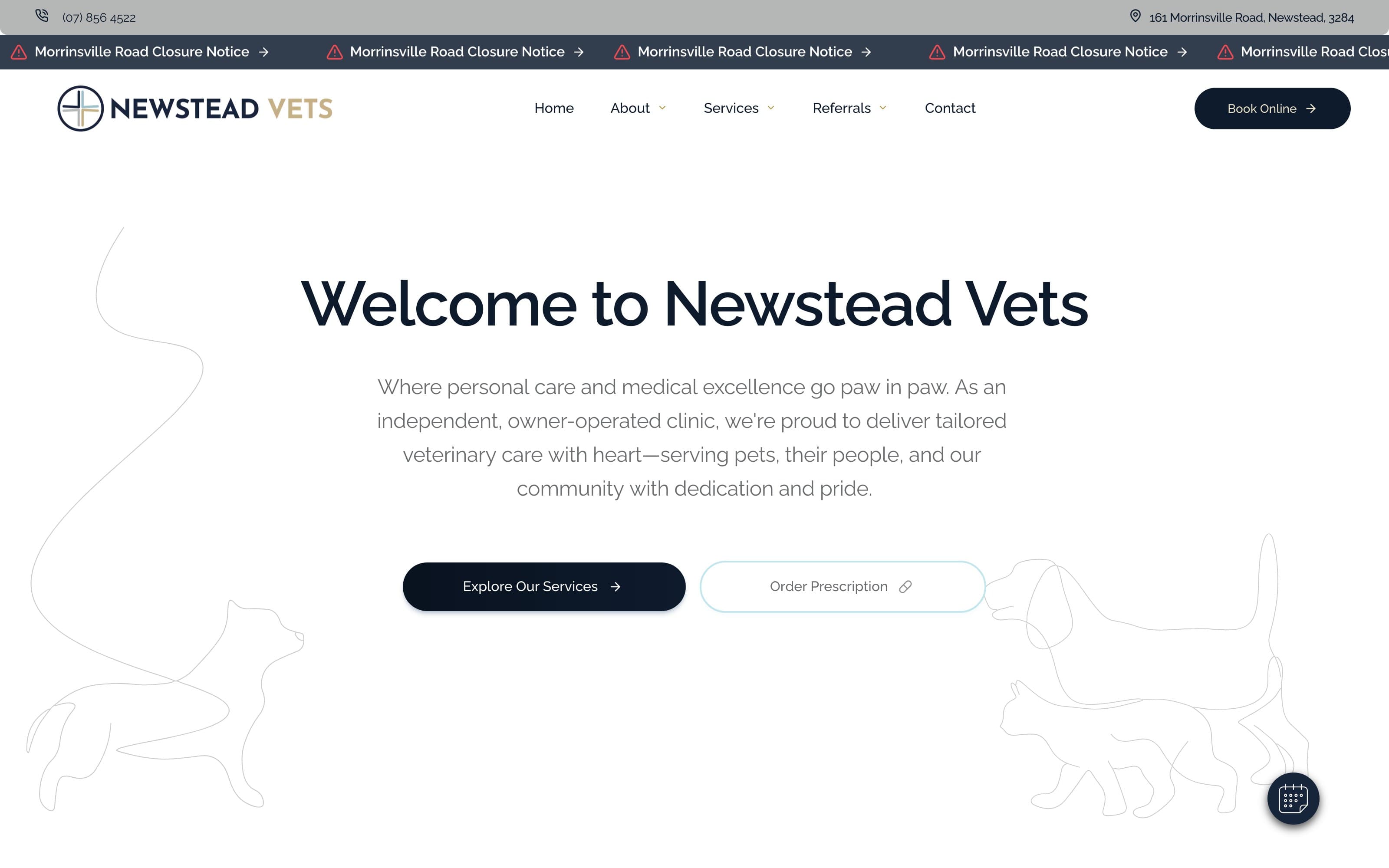 Newstead Veterinary Services — Clinic site with online booking and services directory